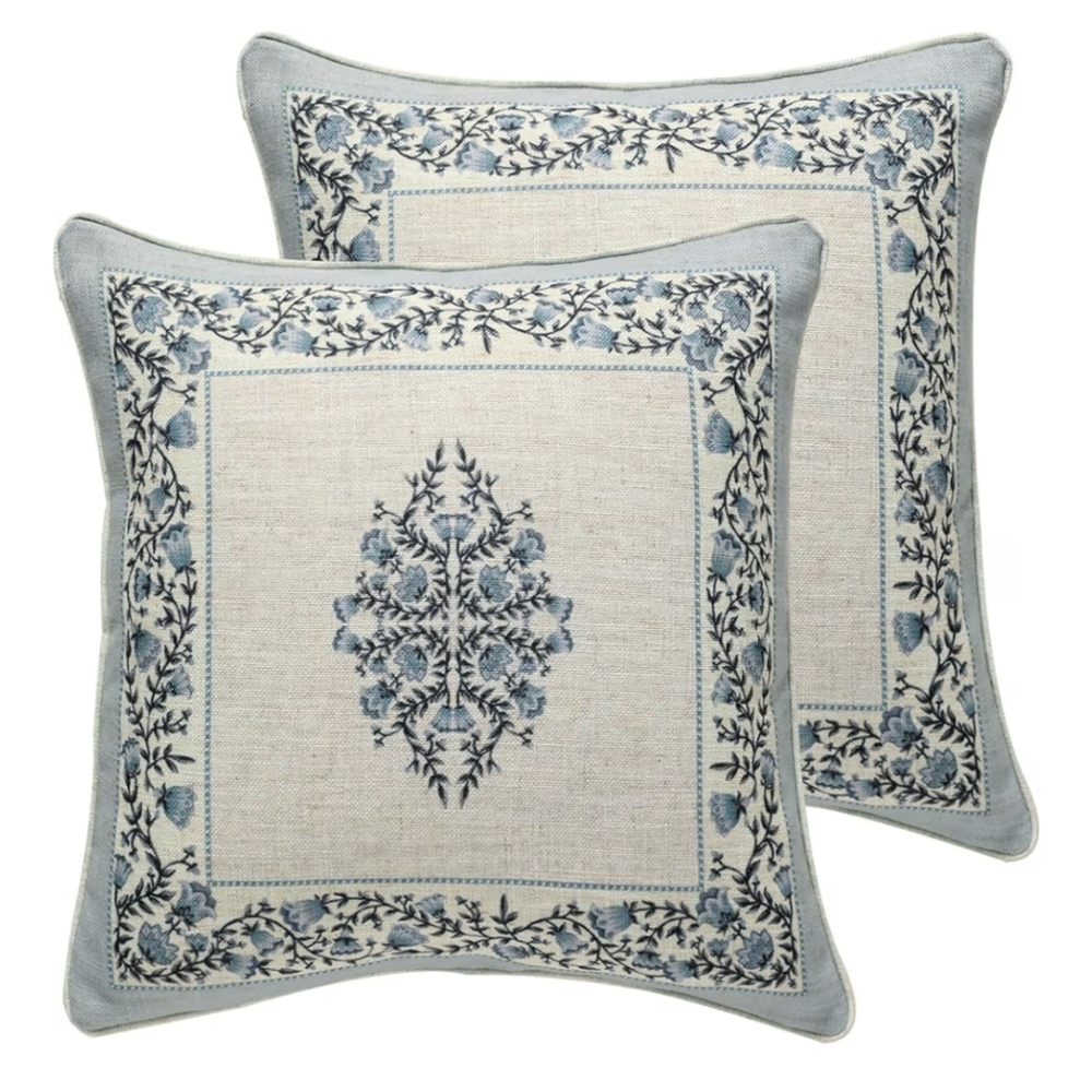 NWT 2pc 18" Linen Blend French Coutry Floral Throw Pillow Covers In Cream/Blue